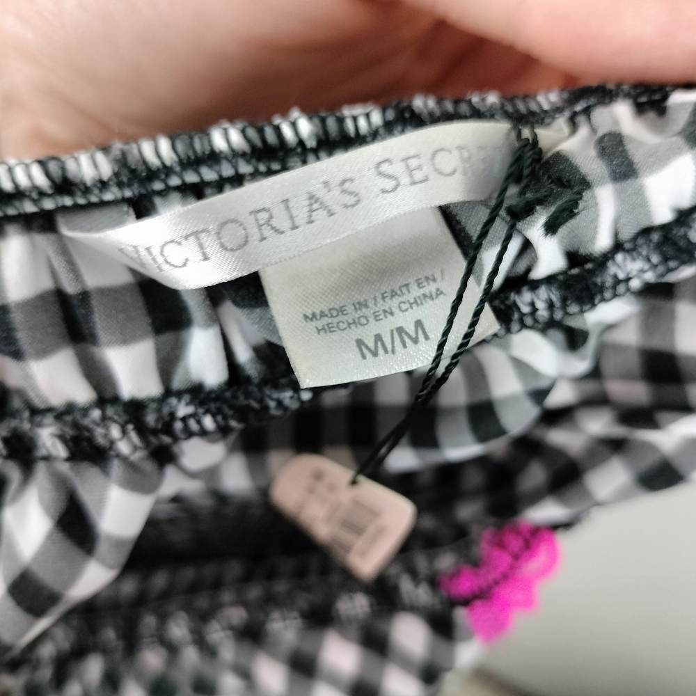 NWT Victoria's Secret Black & White Gingham w/ Pink Trim Babydoll Negligee Sz. M - Picture 10 of 12